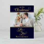 我々の初めてのクリスマスはブルー夫妻と金ゴールド 箔シーズンカード (立ち正面)