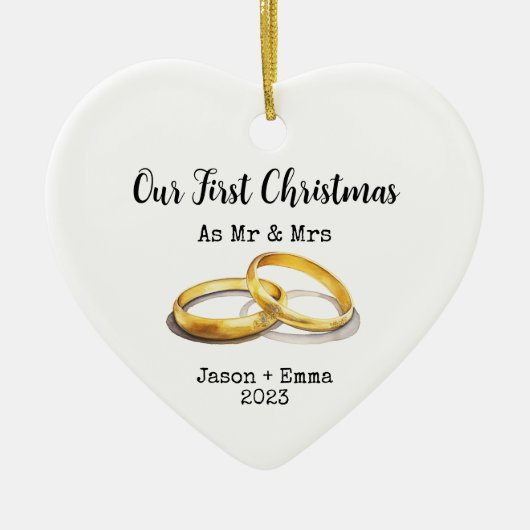 我々の初めてのクリスマスはミスター・アンド・ミセスとして セラミックオーナメント (正面)