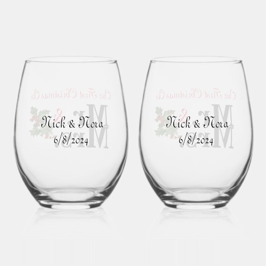 我々の初めてのクリスマスはミスター・アンド・ミセス ステムなしワイングラス (裏面)