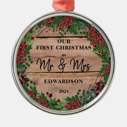 我々の初めてのクリスマスはミスター・アンド・ミセス・ルスティック・ウッド・メタ メタルオーナメント (正面)