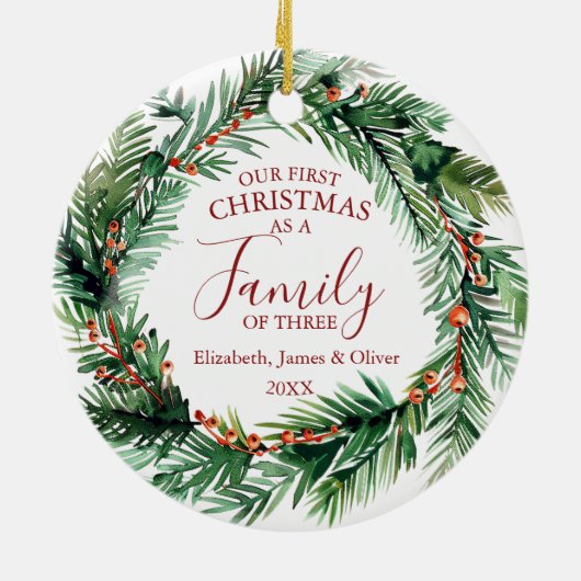 我々の初めてのクリスマスは三つのリースの家族として セラミックオーナメント (裏面)