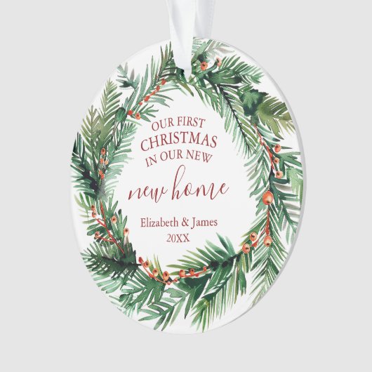 我々の初めてのクリスマスは我々の新しいホームリース オーナメント (正面)