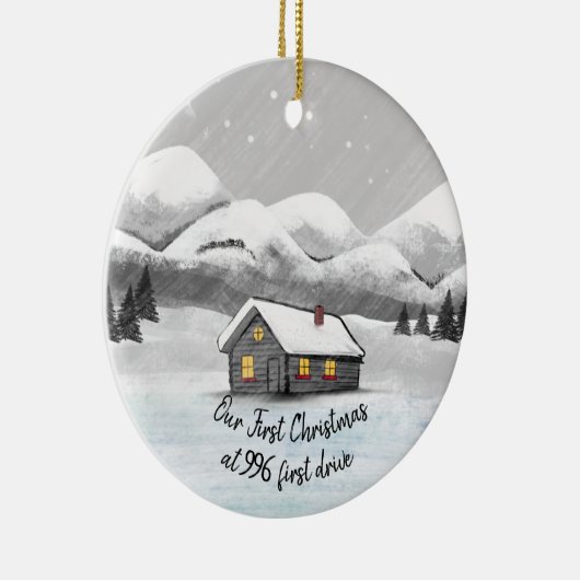 我々の初めてのクリスマスは新しいホームログキャビンに セラミックオーナメント (右)