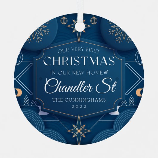 我々の初めてのクリスマスは新しい家にモダン メタルオーナメント (正面)