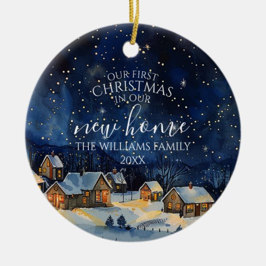 我々の初めてのクリスマスは新しい家の夜素朴に セラミックオーナメント (正面)