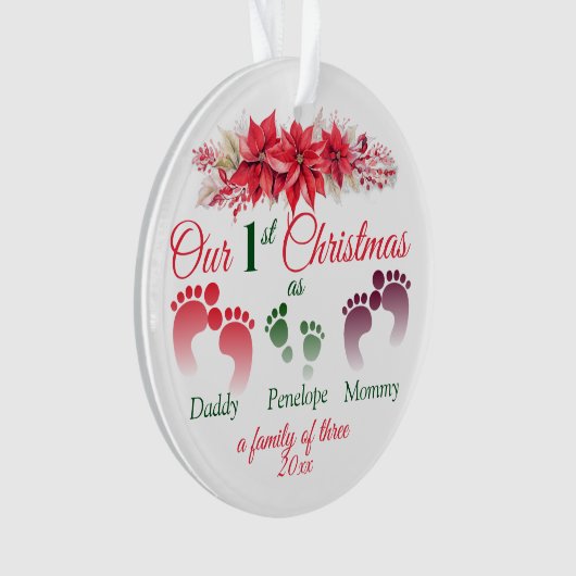 我々の初めてのクリスマスは3ポインセチアの家族として オーナメント (正面)