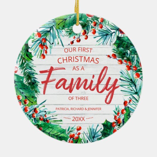 我々の初めてのクリスマスは3人の家族素朴だ セラミックオーナメント (裏面)