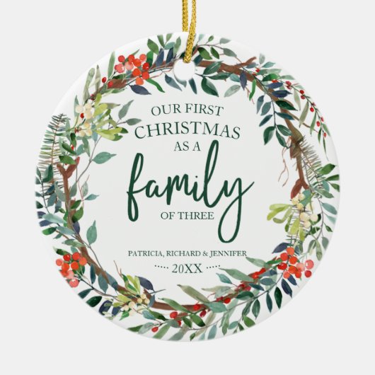 我々の初めてのクリスマスは3人の家族素朴 セラミックオーナメント (正面)