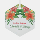 我々の初めてのクリスマスウォーターカラーフローラグリーン ガラスオーナメント (正面)