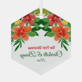 我々の初めてのクリスマスウォーターカラーフローラグリーン ガラスオーナメント (裏面)