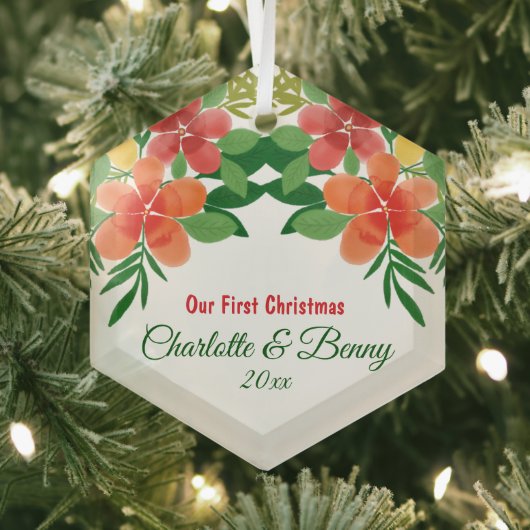 我々の初めてのクリスマスウォーターカラーフローラグリーン ガラスオーナメント (インサイチュ)