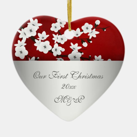 我々の初めてのクリスマスズさくらんぼブロッサム セラミックオーナメント (正面)