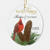 我々の初めてのクリスマスズ(鳥)ショウジョウコウカンチョウパインコーン セラミックオーナメント (左)