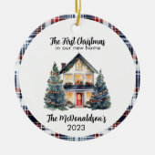 我々の初めてのクリスマスニューホームファームハウスシックネイビー セラミックオーナメント (正面)