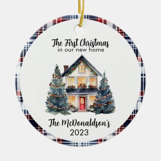 我々の初めてのクリスマスニューホームファームハウスシックネイビー セラミックオーナメント (正面)