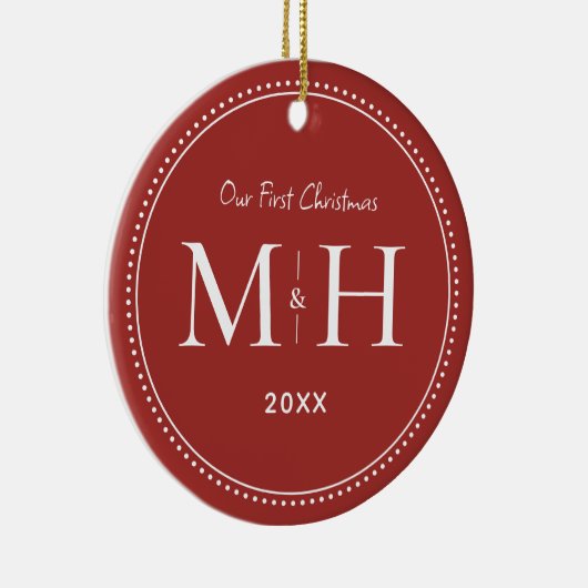 我々の初めてのクリスマスニューライウィズモノグラムレッド セラミックオーナメント (右)
