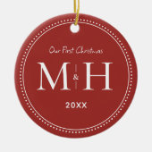我々の初めてのクリスマスニューライウィズモノグラムレッド セラミックオーナメント (正面)