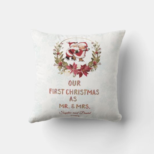 我々の初めてのクリスマスポインセチアリース雪片 クッション (裏面)