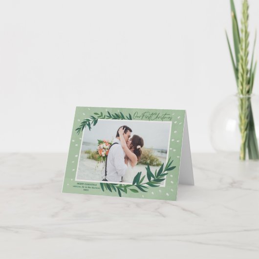 我々の初めてのクリスマスモダン植物写真折り畳み シーズンカード (正面)