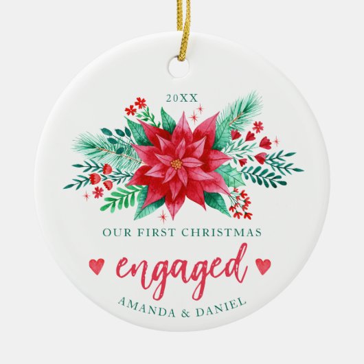 我々の初めてのクリスマス婚約したの水の色ポインセチア セラミックオーナメント (正面)