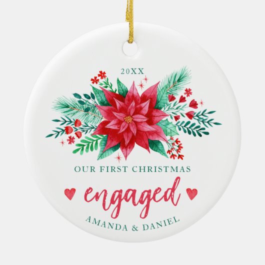 我々の初めてのクリスマス婚約したの水の色ポインセチア セラミックオーナメント (裏面)