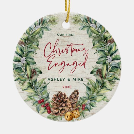 我々の初めてのクリスマス婚約した冬のリース写真Ce セラミックオーナメント (正面)