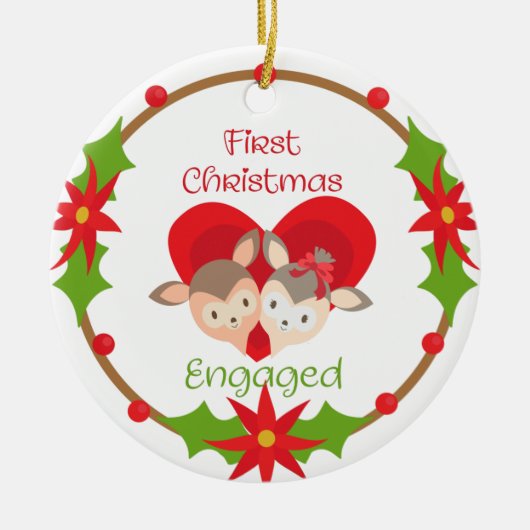 我々の初めてのクリスマス婚約した鹿のハート セラミックオーナメント (正面)