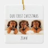 我々の初めてのクリスマス子犬パノラマフォト セラミックオーナメント (正面)