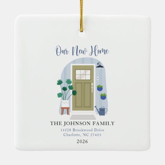 我々の初めてのクリスマス新しいホームウォーターカラーフロントドア セラミックオーナメント (裏面)