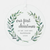 我々の初めてのクリスマス素朴の緑の写真が新婚 メタルオーナメント (正面)
