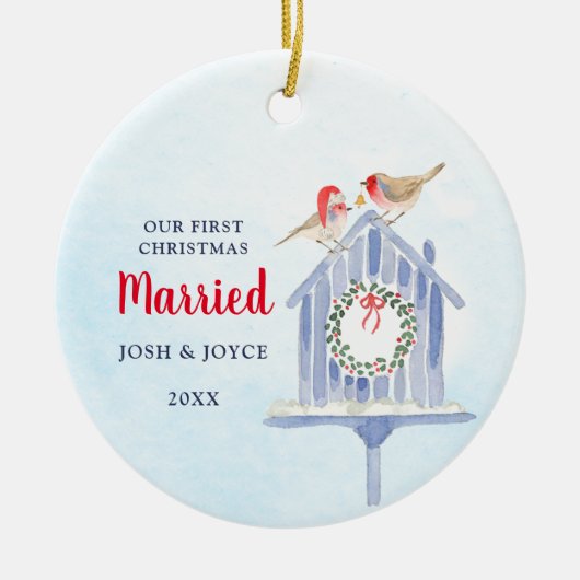 我々の初めてのクリスマス結婚したパーソナライズされたバードハウス セラミックオーナメント (正面)