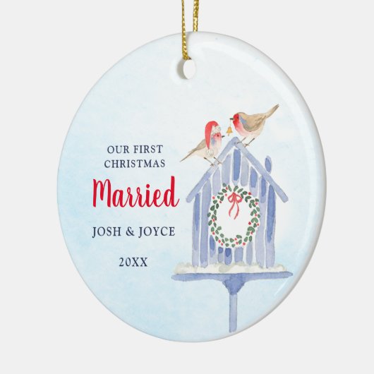 我々の初めてのクリスマス結婚したパーソナライズされたバードハウス セラミックオーナメント (左)