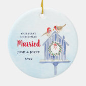 我々の初めてのクリスマス結婚したパーソナライズされたバードハウス セラミックオーナメント (裏面)