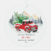 我々の初めてのクリスマス結婚したレッドトラック メタルオーナメント (正面)