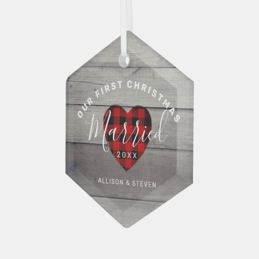 我々の初めてのクリスマス結婚した素朴パーソナライズされた ガラスオーナメント (正面左)