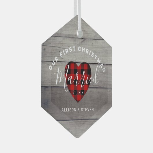 我々の初めてのクリスマス結婚した素朴パーソナライズされた ガラスオーナメント (正面右)