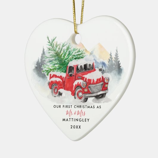 我々の初めてのクリスマス結婚した達はレッド・トラック夫妻 セラミックオーナメント (左)