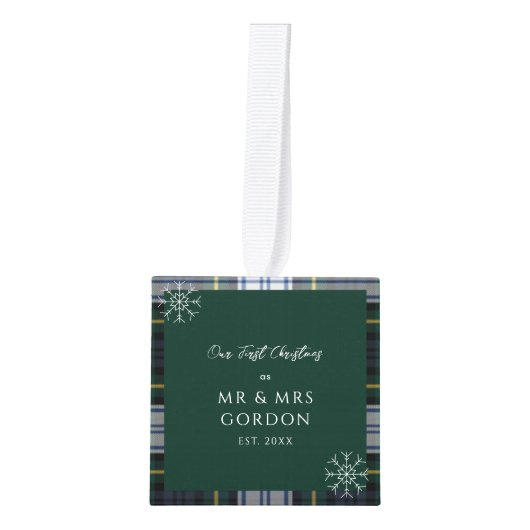 我々の初めてのクリスマス結婚した3写真ゴードンタータンチェック キューブオーナメント (正面)