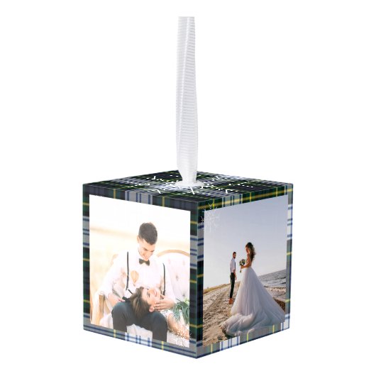 我々の初めてのクリスマス結婚した3写真ゴードンタータンチェック キューブオーナメント (裏面アングル)