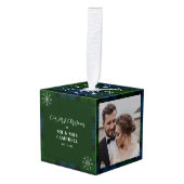 我々の初めてのクリスマス結婚ズの写真キャンベルタータンチェック キューブオーナメント (正面アングル)