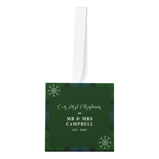 我々の初めてのクリスマス結婚ズの写真キャンベルタータンチェック キューブオーナメント (正面)