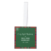 我々の初めてのクリスマス結婚ズ写真スチュワートタータンチェック キューブオーナメント (正面)