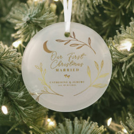 我々の初めてのクリスマス 結婚 ボタニカルスクリプト ガラスオーナメント