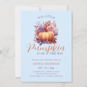 我々の小さなかぼちゃが青い赤ちゃんシャワーの途中にある 招待状 (正面)