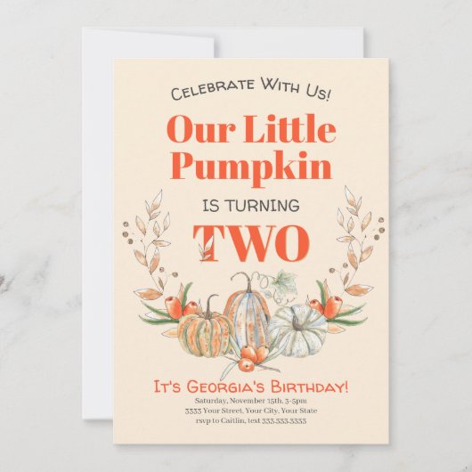 我々の小さなかぼちゃは2つの誕生日パーティーを回している 招待状 (正面)