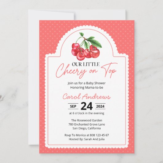 我々の小さなさくらんぼの上にベビーガール赤ちゃんシャワー 招待状 (正面)