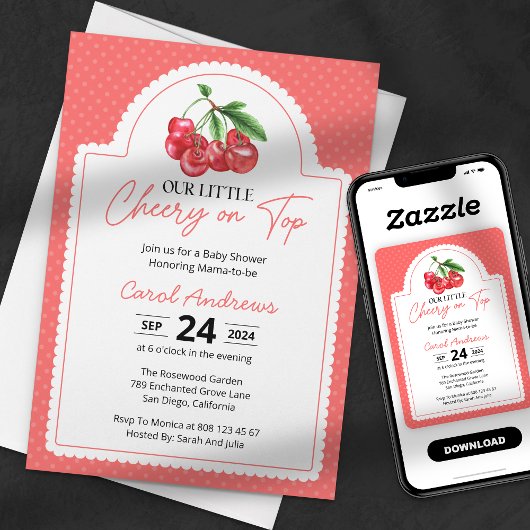 我々の小さなさくらんぼの上にベビーガール赤ちゃんシャワー 招待状