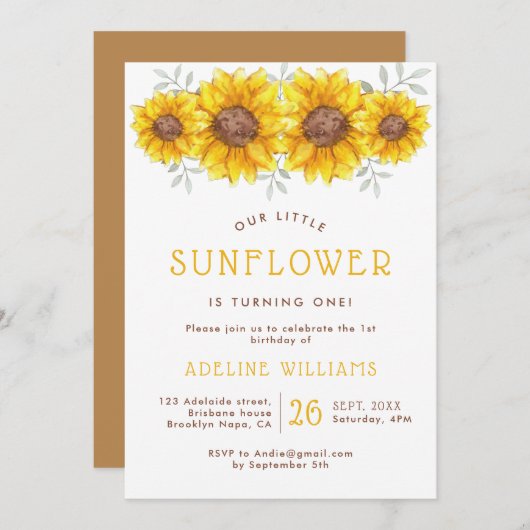 我々の小さなひまわりが一つになった |誕生日 招待状 (正面/裏面)