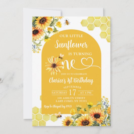 我々の小さなひまわり1つの蜂蜜誕生日 招待状 (正面)