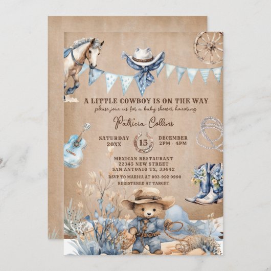 我々の小さなカウボーイは赤ちゃんシャワーの途中にある 招待状 (正面/裏面)